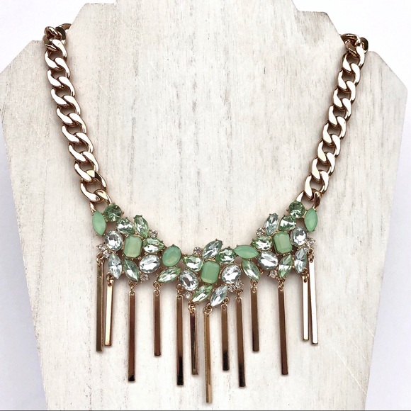 Pale Green Rhinestone Gold Dangle Bib Necklace - Picture 7 of 8